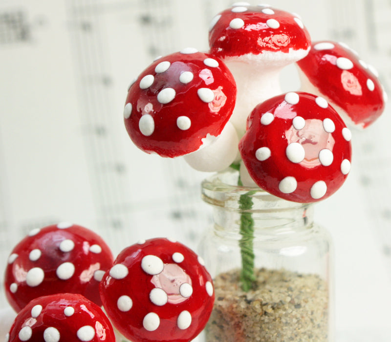 Red - Large Cotton Spun Mushrooms- Set of 10 - 5/8" - 703-1800
